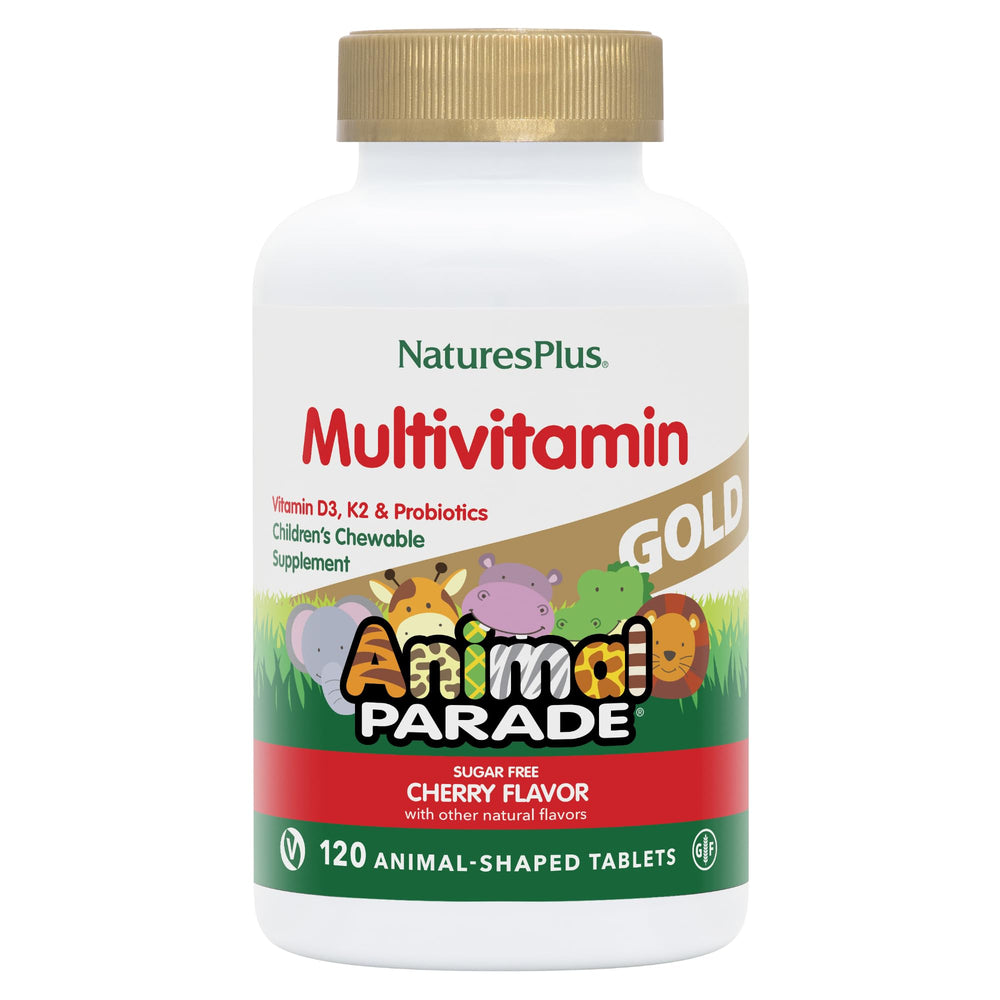 NaturesPlus Animal Parade Gold cherry-flavored tablets, kid-friendly daily nutrition.