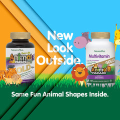 NaturesPlus Animal Parade Gold grape flavor packaging that kids enjoy.