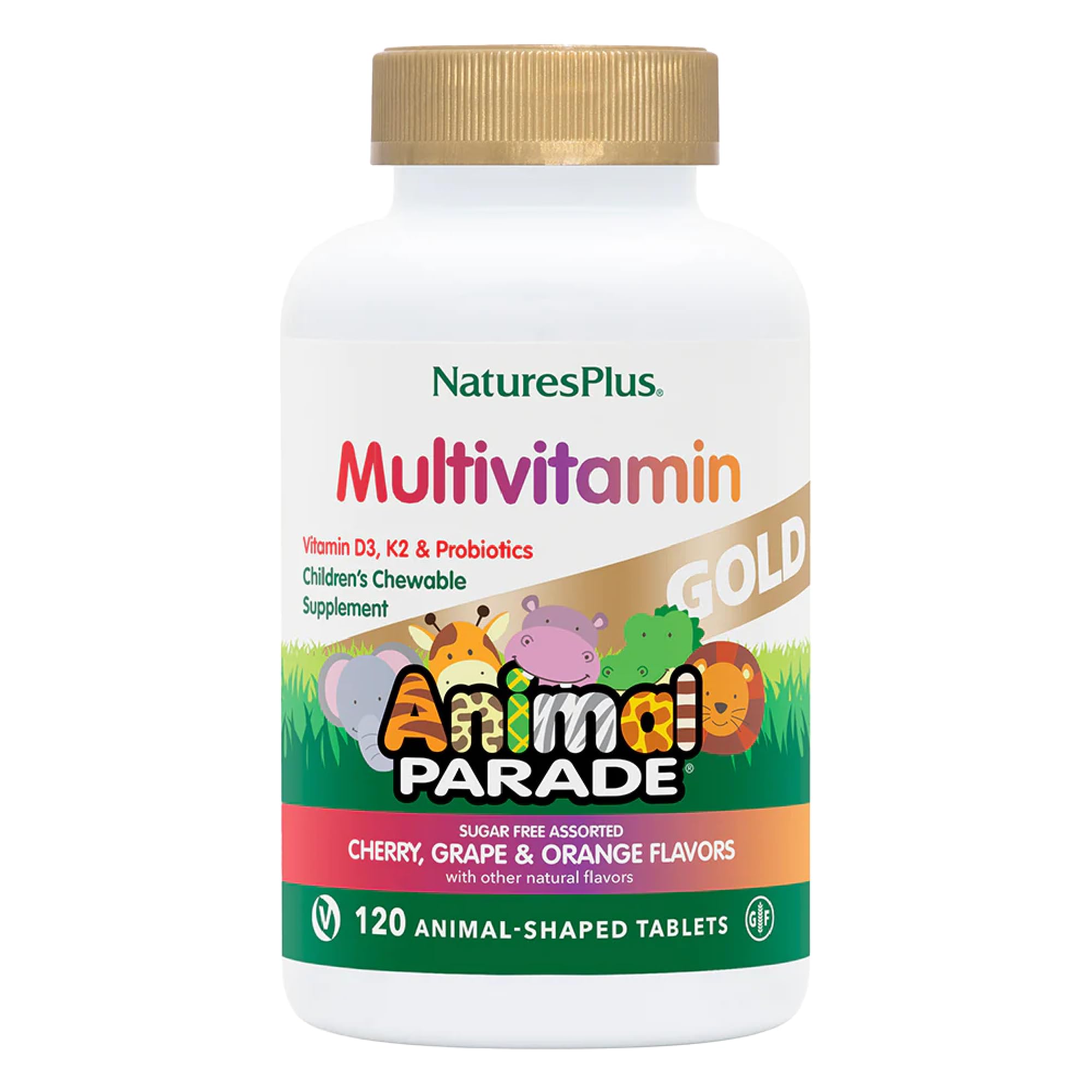 NaturesPlus Animal Parade Gold chewables in assorted flavors for daily kid nutrition.