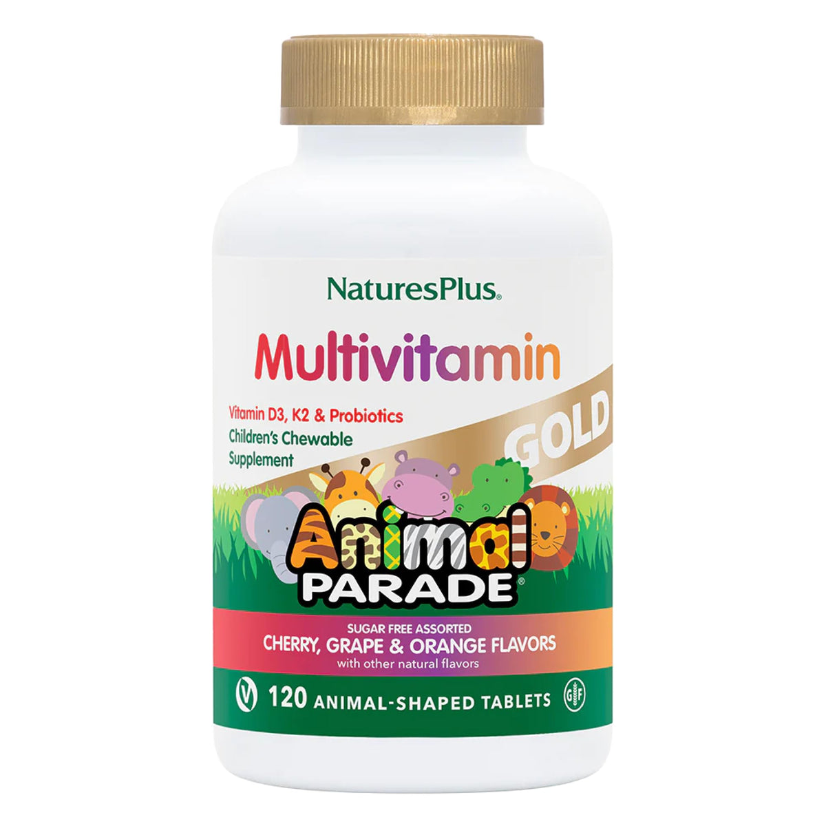 NaturesPlus Animal Parade Gold chewables in assorted flavors for daily kid nutrition.