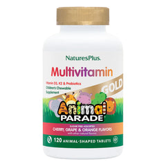 NaturesPlus Animal Parade Gold chewables in assorted flavors for daily kid nutrition.