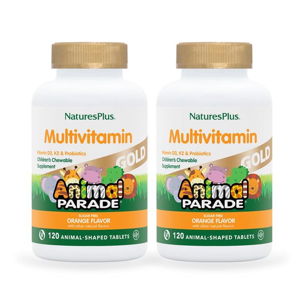 Nature'sPlus Animal Parade Gold orange chewables packaging for kids' vitamin routine on busy mornings.