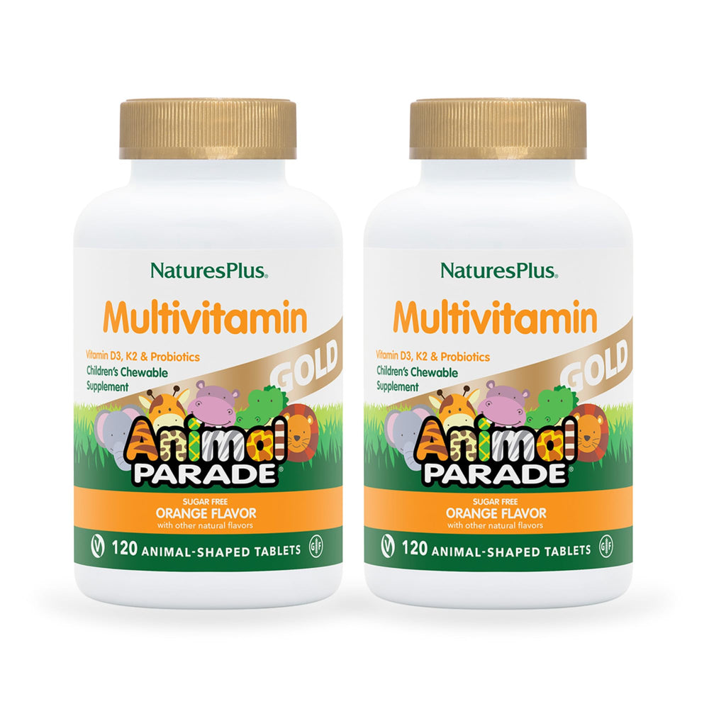 Nature'sPlus Animal Parade Gold orange chewables packaging for kids' vitamin routine on busy mornings.