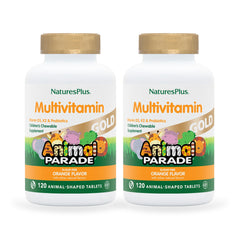 Nature'sPlus Animal Parade Gold orange chewables packaging for kids' vitamin routine on busy mornings.