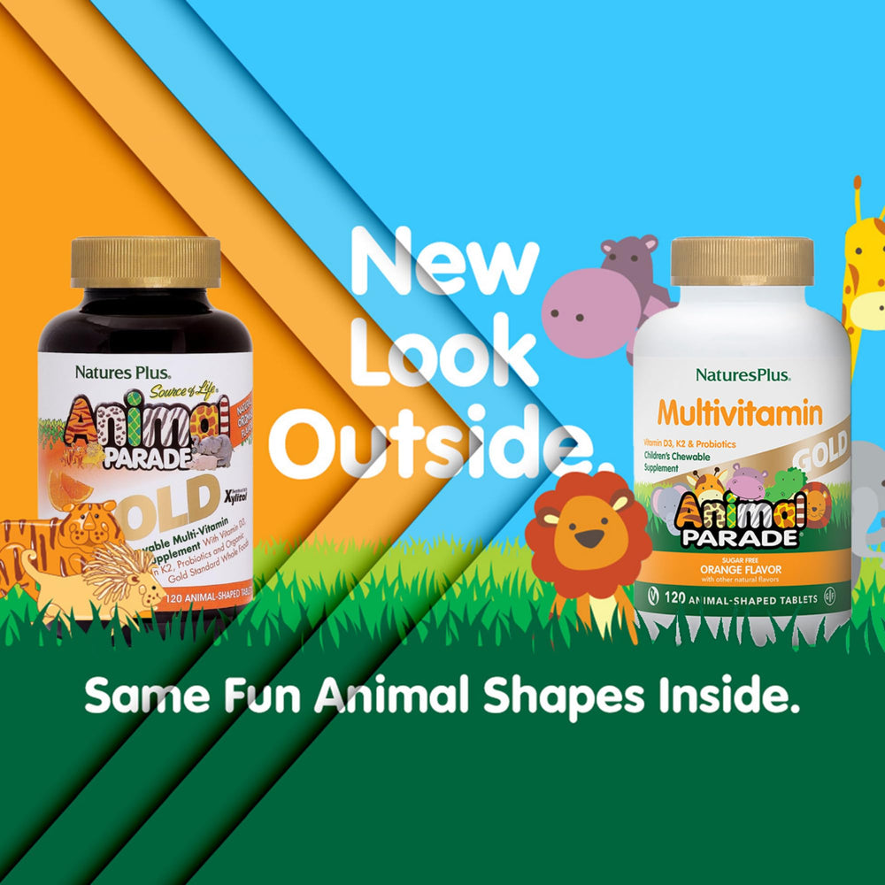 Nature'sPlus Animal Parade Gold orange chewables close-up shows a tasty flavor kids may enjoy.