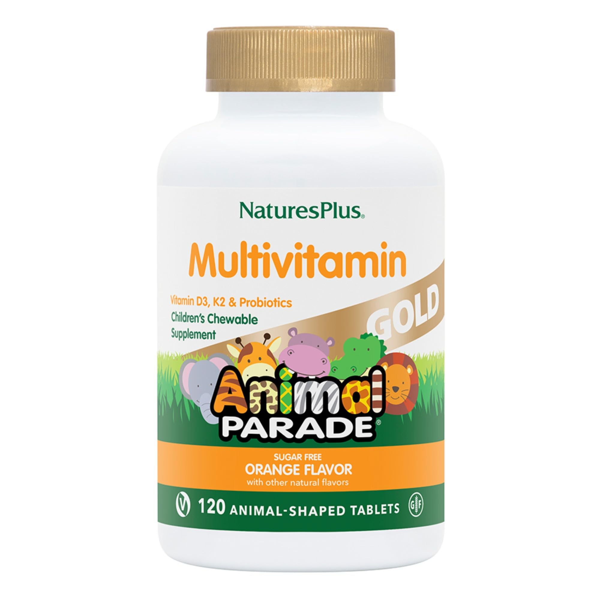 NaturesPlus Animal Parade Gold orange-chewable tablets for kids' daily nutrition.