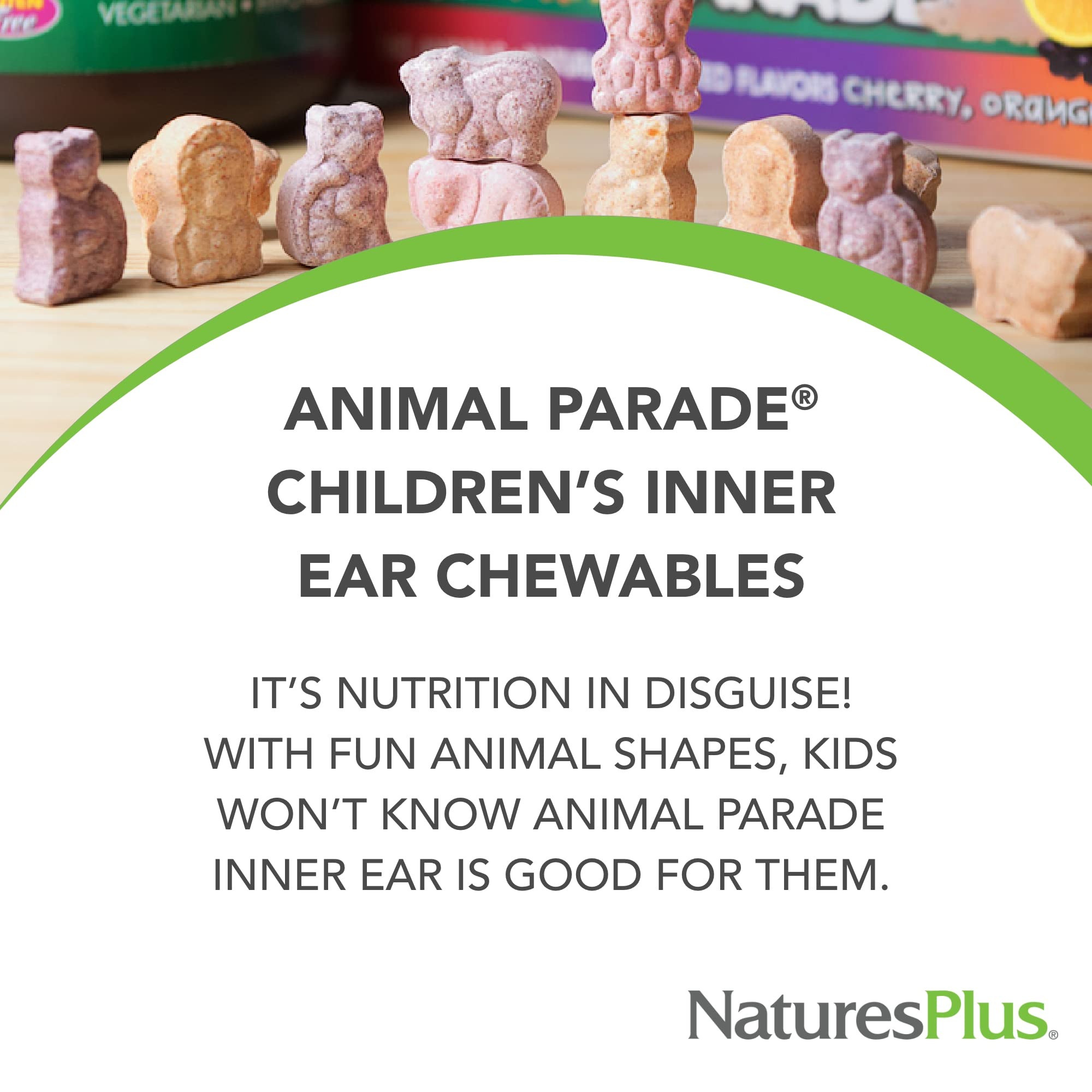 NaturesPlus Animal Parade bottle close-up shows Lactobacillus acidophilus and K12.