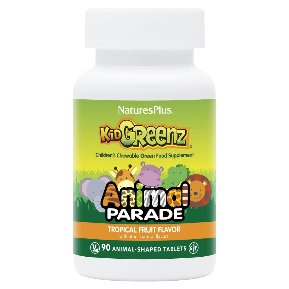 NaturesPlus Animal Parade KidGreenz tropical chewables in bottle for kid-friendly daily nutrition.