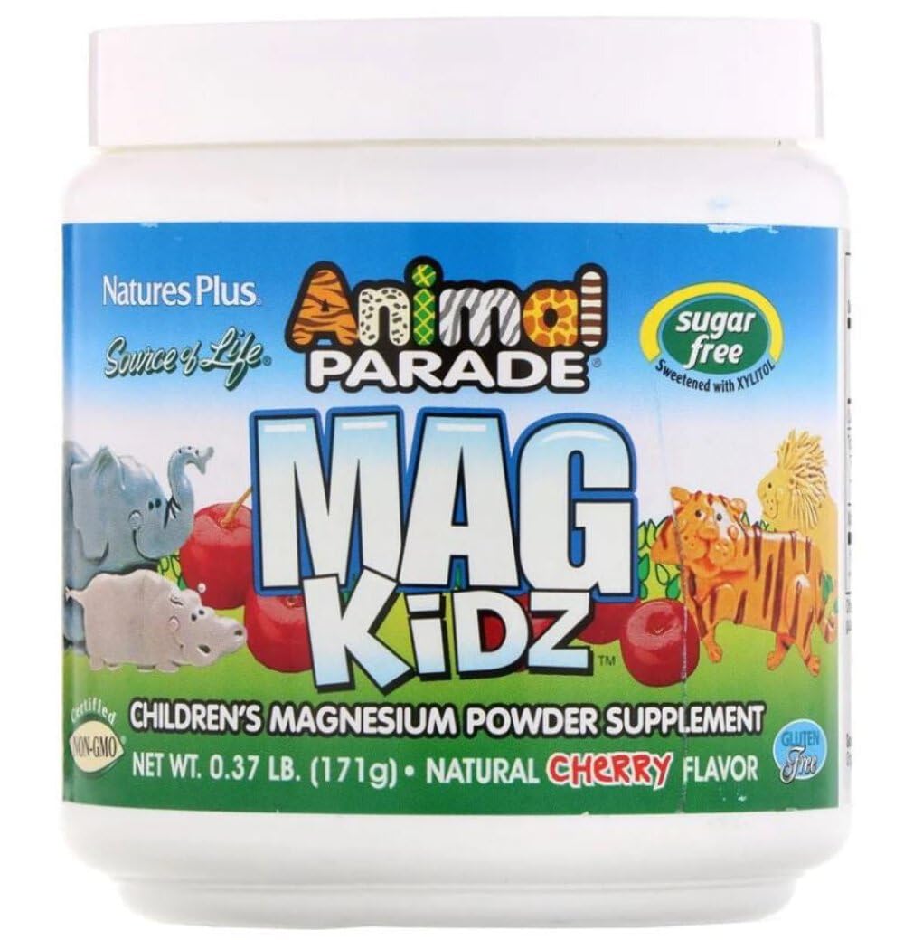 NaturesPlus MagKidz Animal Parade cherry bottle pour, kid-friendly magnesium supplement for healthy bones.