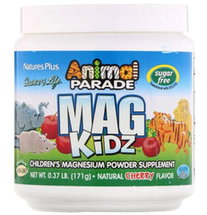 NaturesPlus MagKidz Animal Parade cherry bottle pour, kid-friendly magnesium supplement for healthy bones.