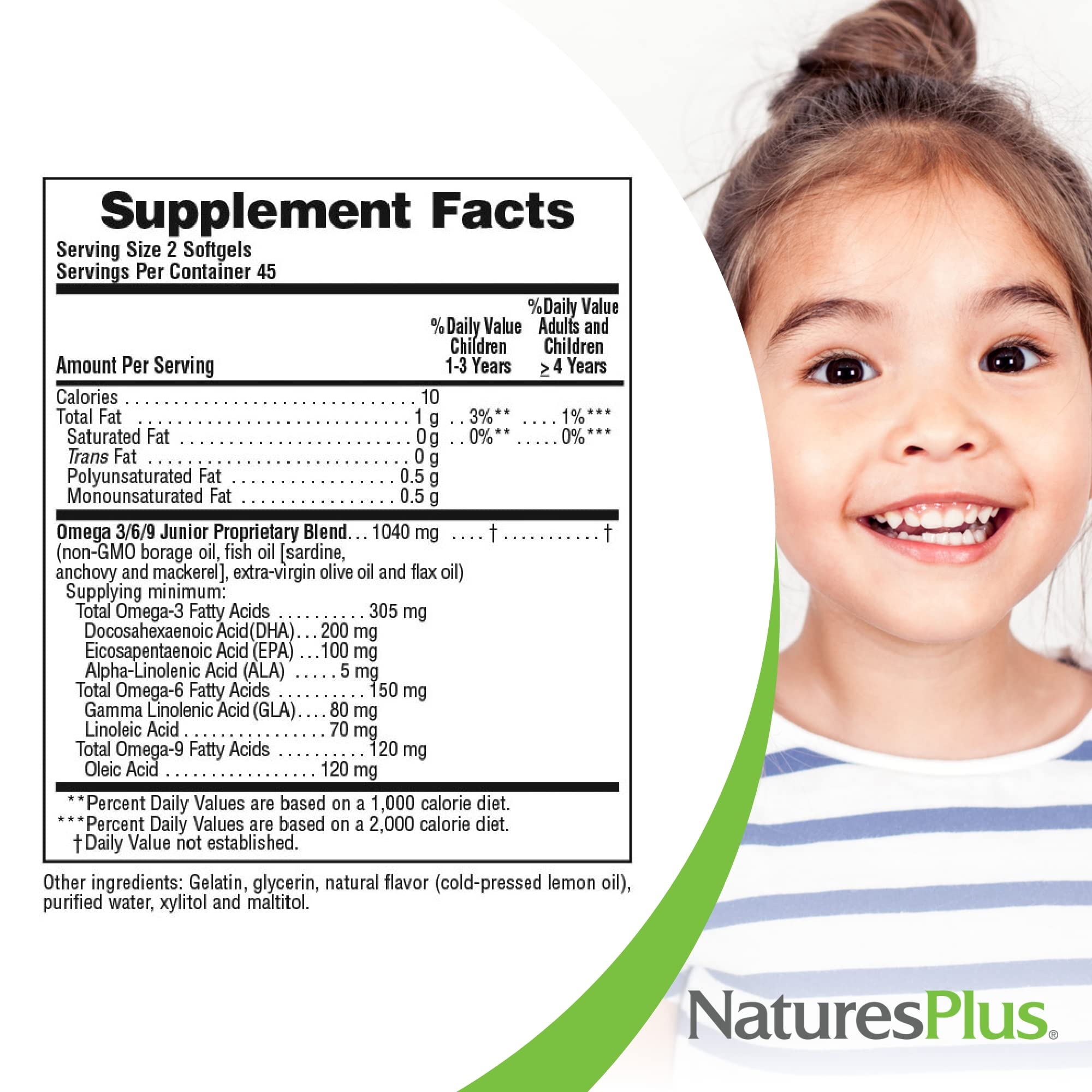 NaturesPlus Animal Parade Omega 3/6/9 Junior lemon softgels provide high-quality, allergen-free nutrition.