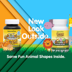NaturesPlus Animal Parade Omega 3/6/9 Junior lemon softgels close-up highlights kid-friendly texture.
