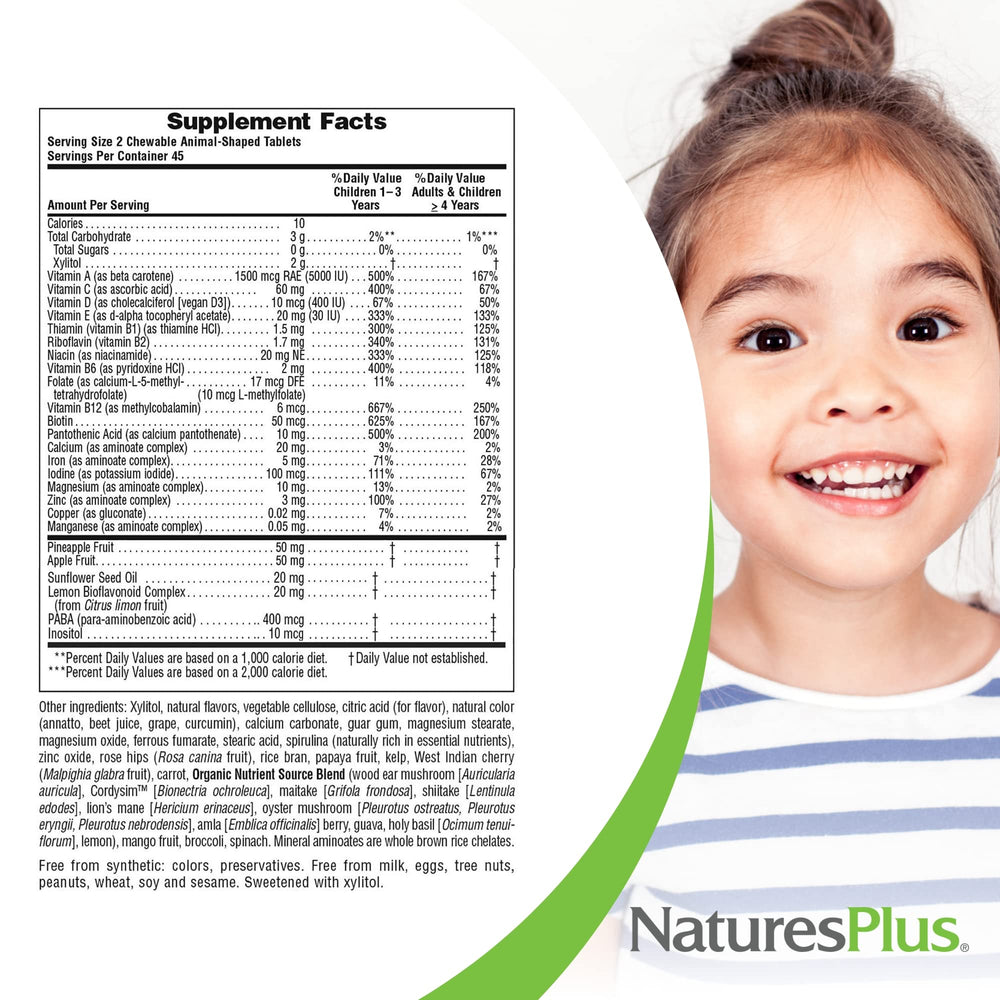 NaturesPlus Animal Parade bottle-back notes xylitol sugar-free formula for tooth-friendly choices.