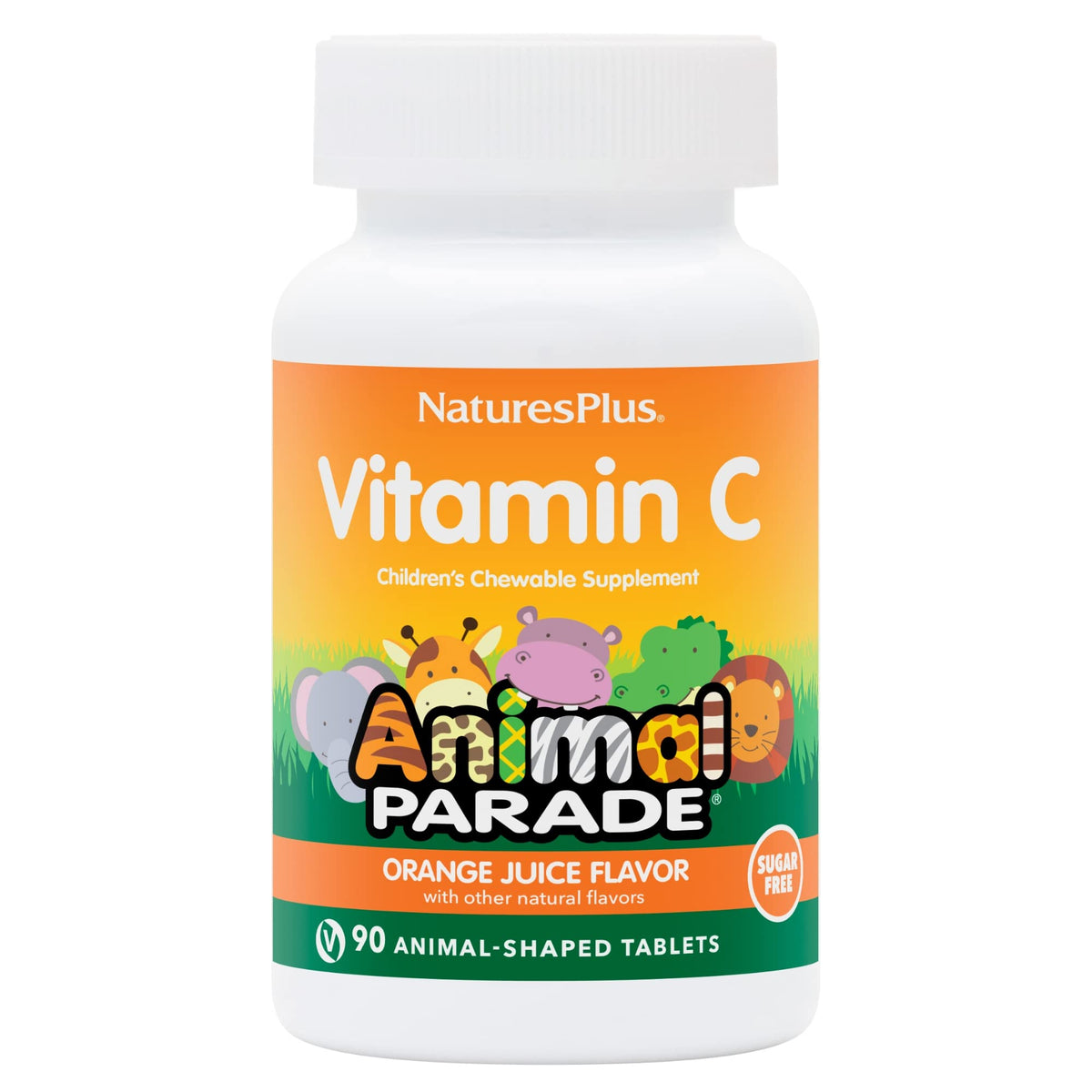 NaturesPlus Animal Parade bottle packaging shown for kid-friendly vitamin C.