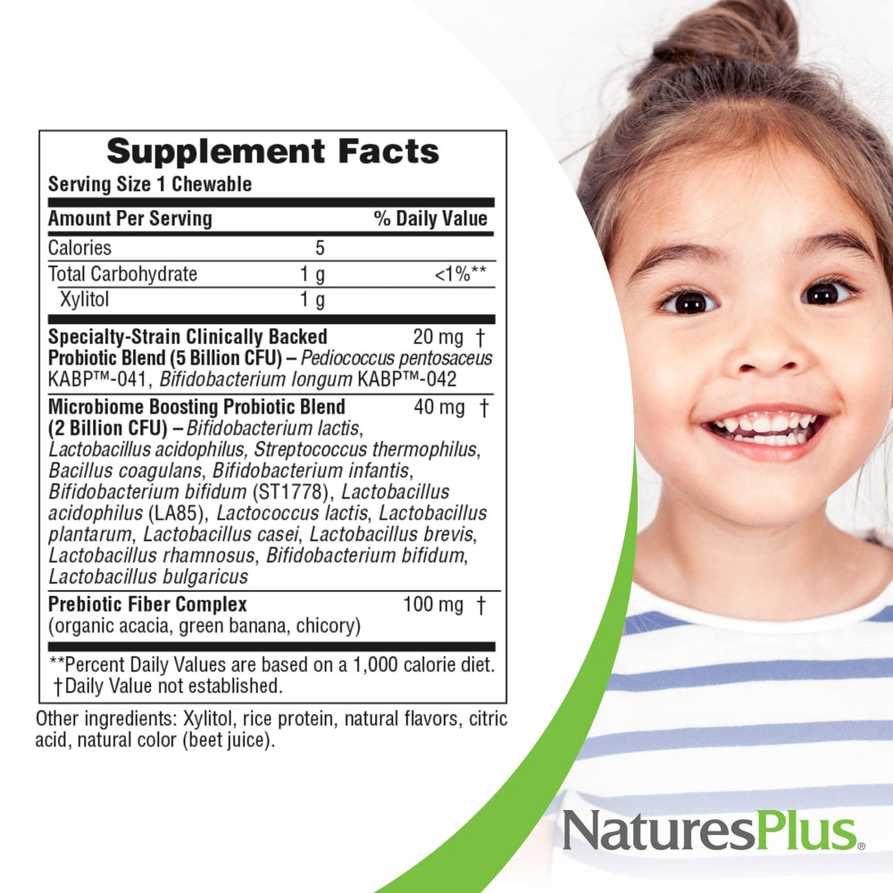 16-strain probiotic blend supports microbiome diversity in a chewable tablet.