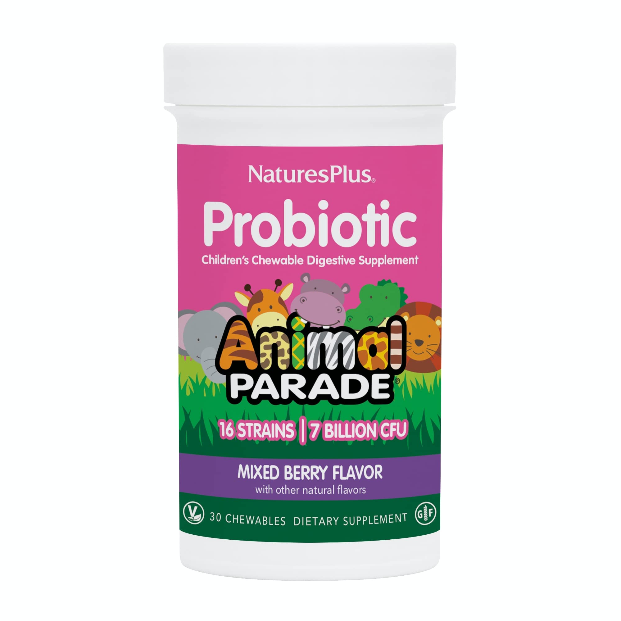 NaturesPlus Animal Parade probiotic bottle with mixed berry chewables supporting kids' gut balance.
