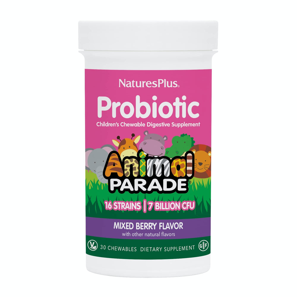 NaturesPlus Animal Parade probiotic bottle with mixed berry chewables supporting kids' gut balance.