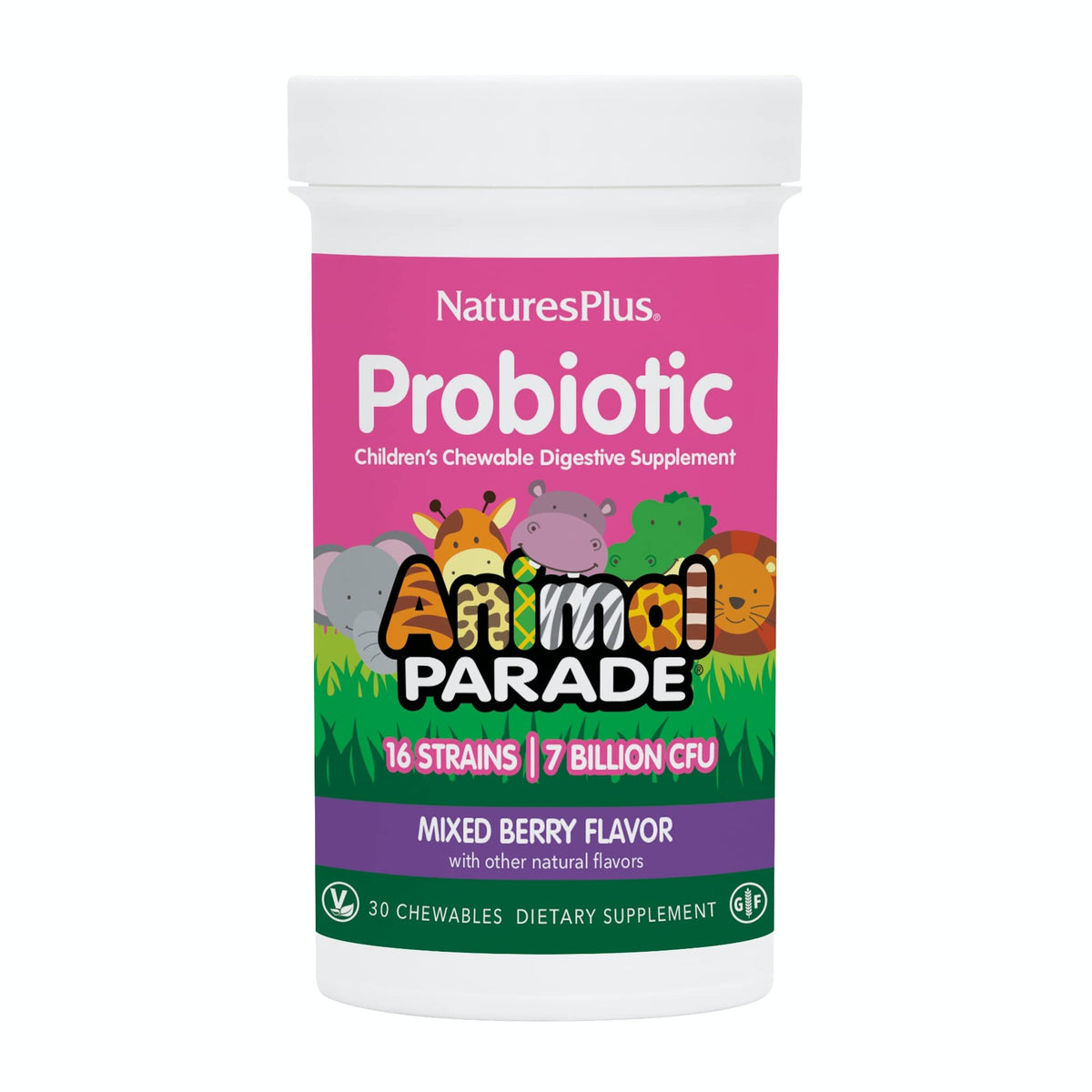 NaturesPlus Animal Parade probiotic bottle with mixed berry chewables supporting kids' gut balance.