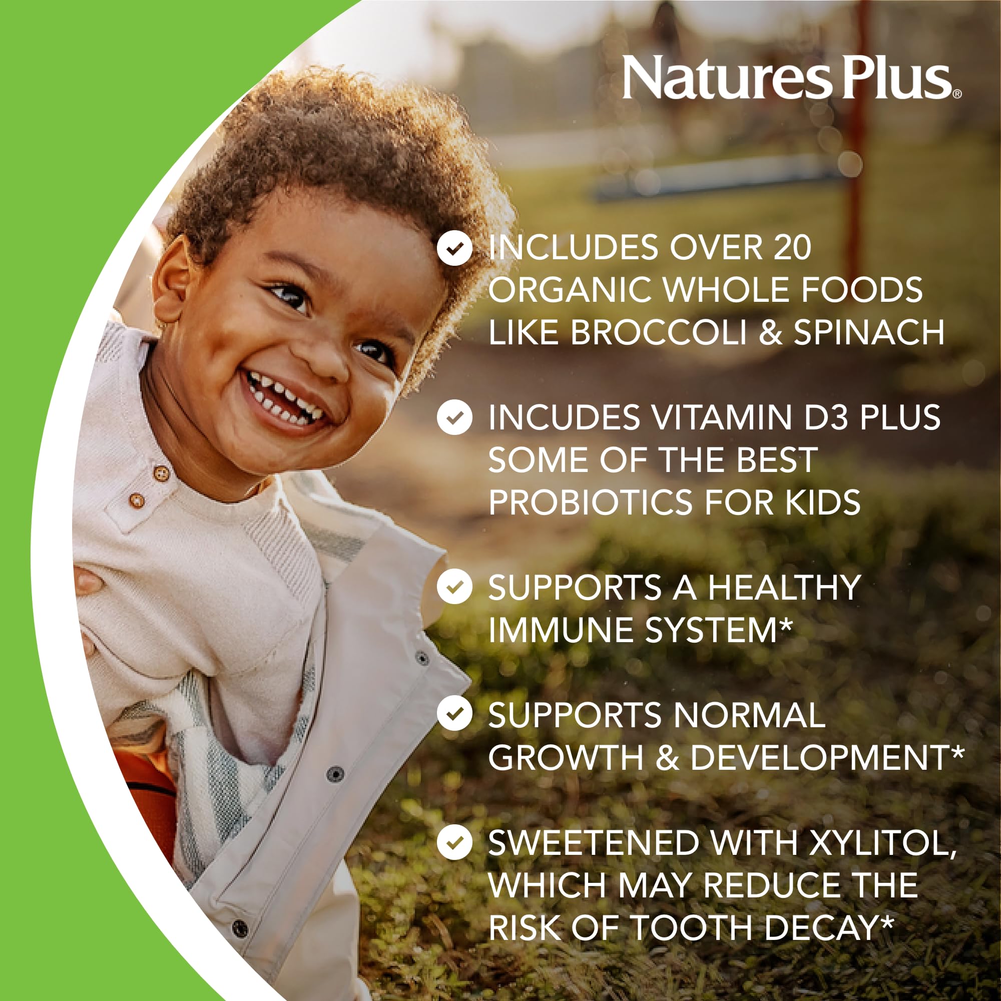 NaturesPlus Animal Parade Source of Life Gold highlights Organic Gold Standard Whole Foods in formula.