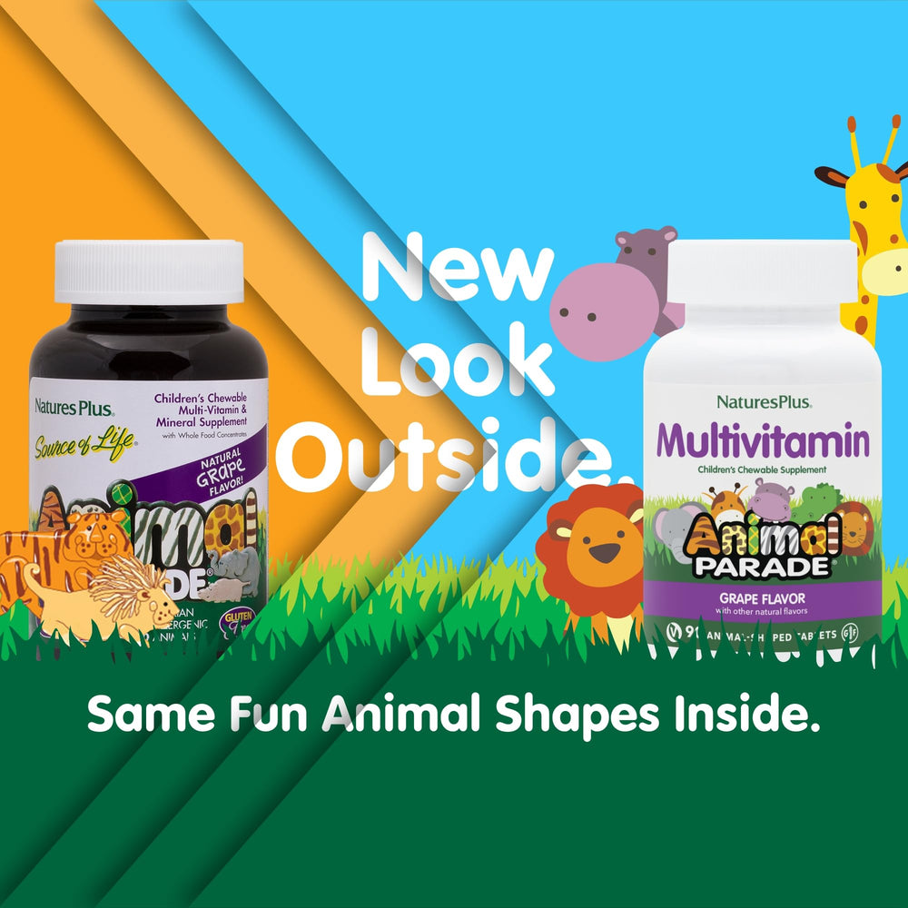 NaturesPlus Animal Parade animal-shaped tablets appealing to children during daily routines.