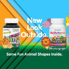 Close-up of Animal Parade chewable tablets highlighting natural flavors for children