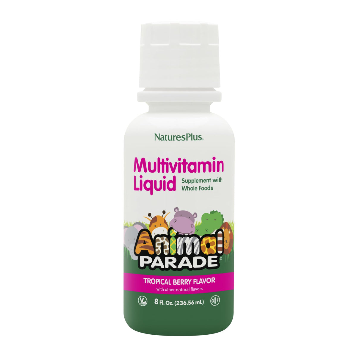 NaturesPlus Animal Parade tropical berry bottle for kids' daily multivitamin routine