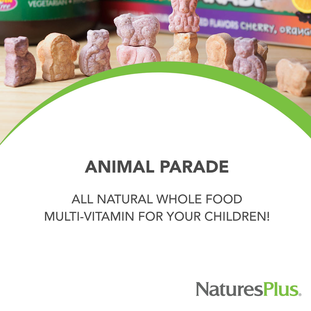 NaturesPlus Animal Parade Tummy Zyme bottle image showing gluten-free vegetarian formula
