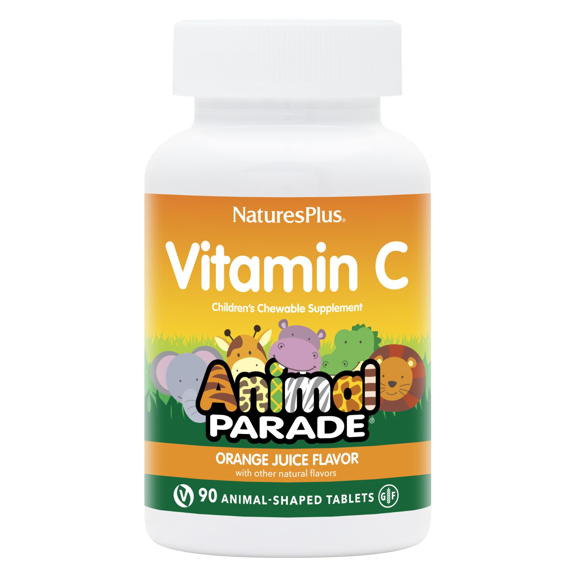 NaturesPlus Animal Parade Vitamin C chewables in orange shapes for everyday kids' nutrition.