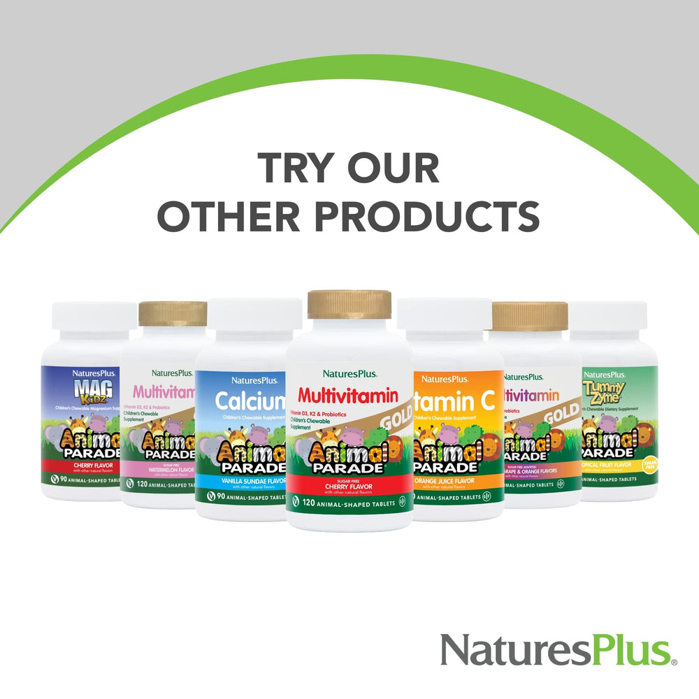 NaturesPlus Animal Parade Vitamin C chewables, kid-friendly dispensing in playful packaging