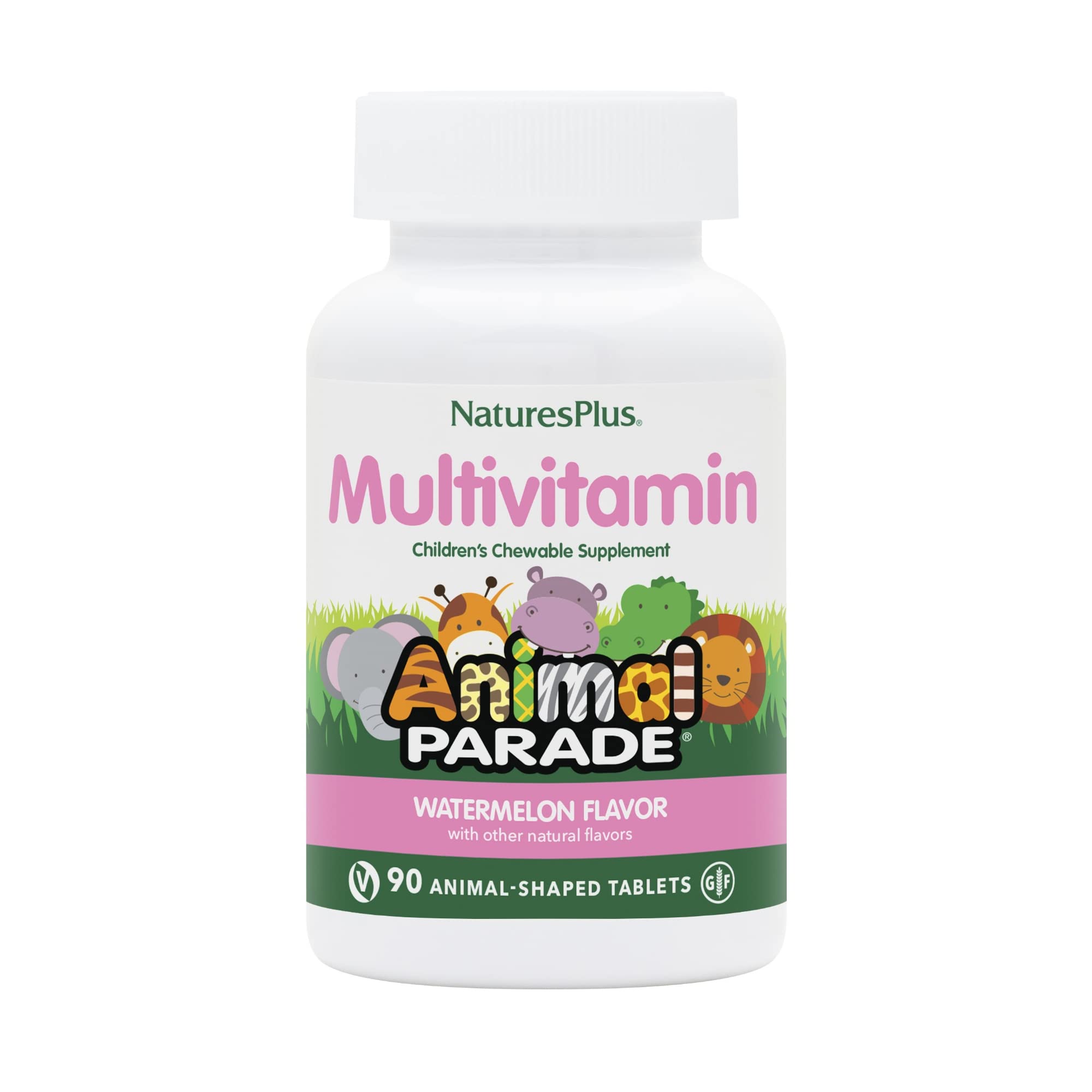 NaturesPlus Animal Parade bottle displaying watermelon-flavored chewables for kids' daily wellness