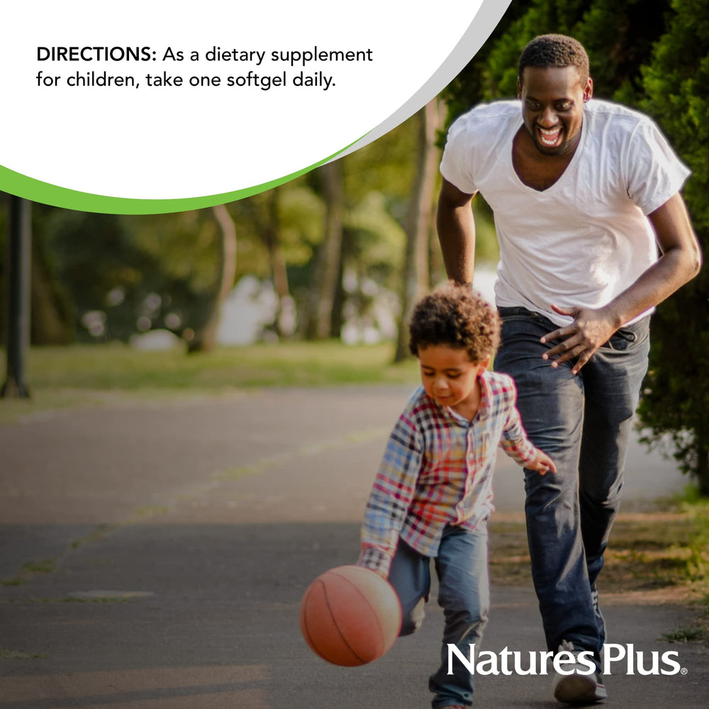 NaturesPlus Children's Vita-Gels nutrition panel lists vitamins and minerals for balanced daily intake.
