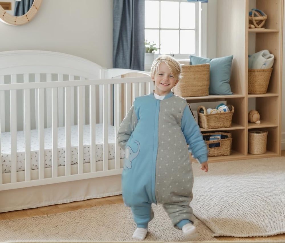 NATUZ blue sleepsack with movable sleeve supports adjustable temperature control