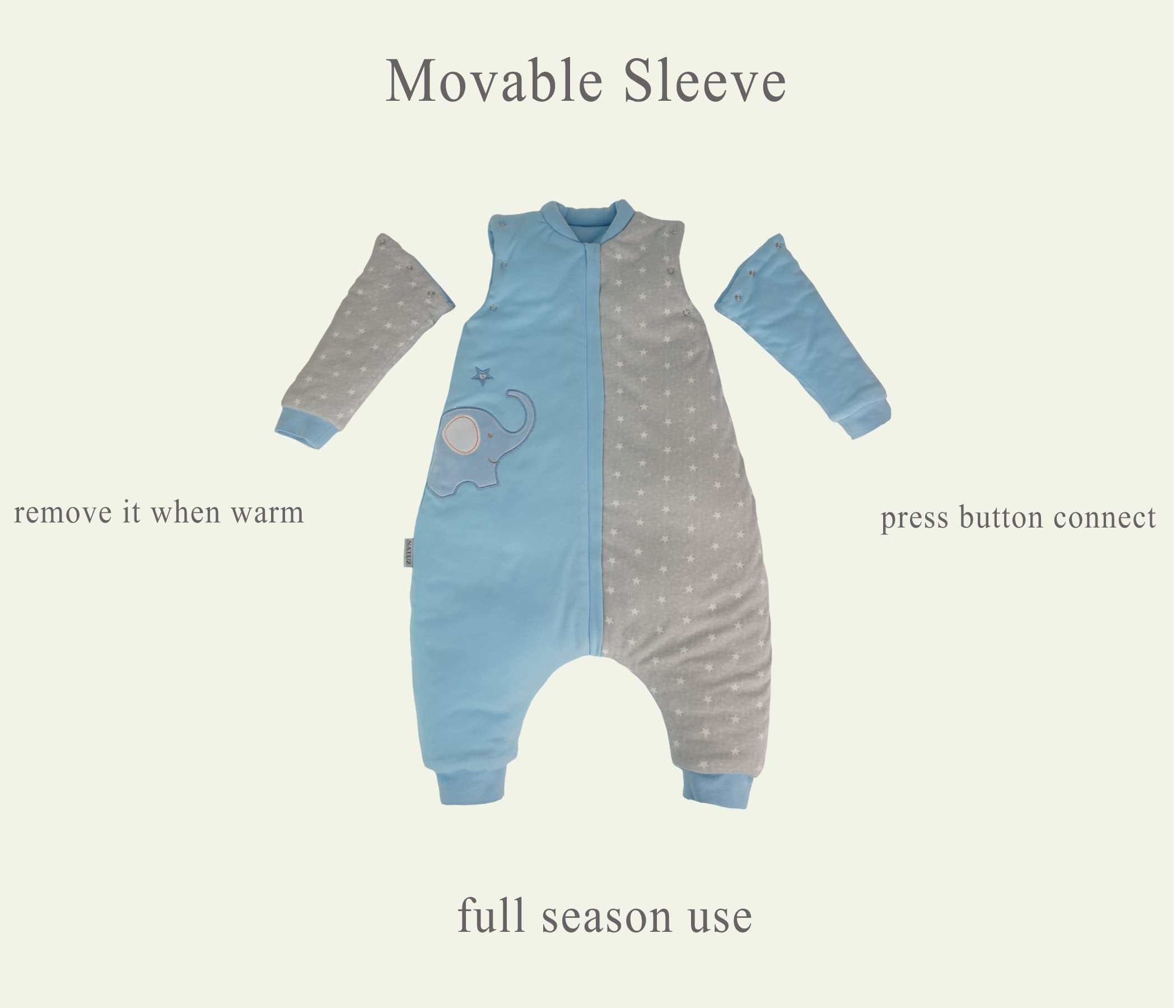 NATUZ gray sleepsack front view shows safe zipper and soft cotton