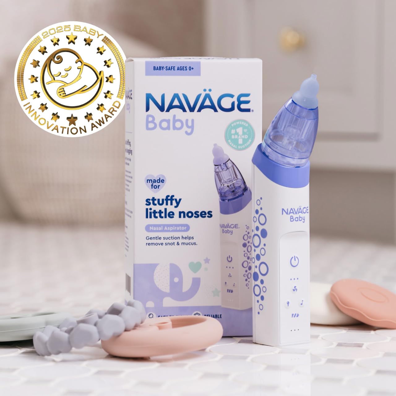 Navage Baby Nasal Aspirator controls and buttons show sealed safety for clean operation