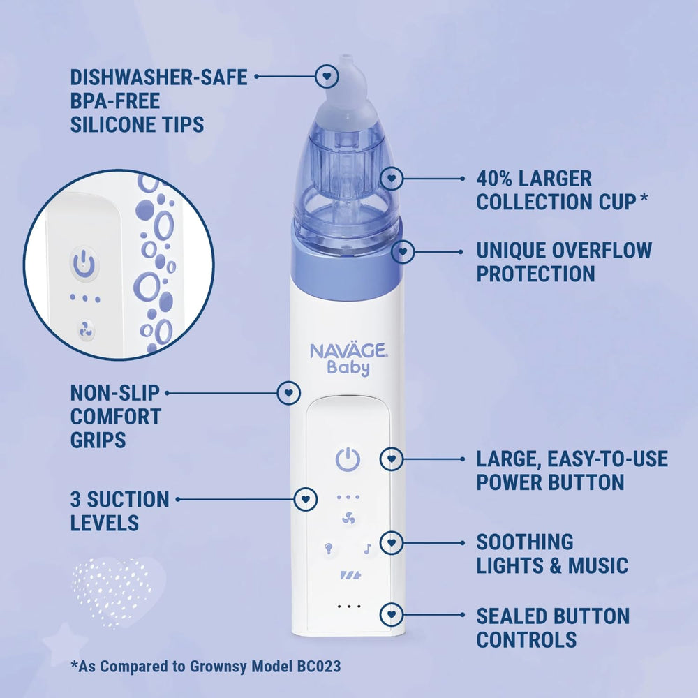 Navage Baby Nasal Aspirator silicone tips are BPA-free and dishwasher-safe for easy cleanup