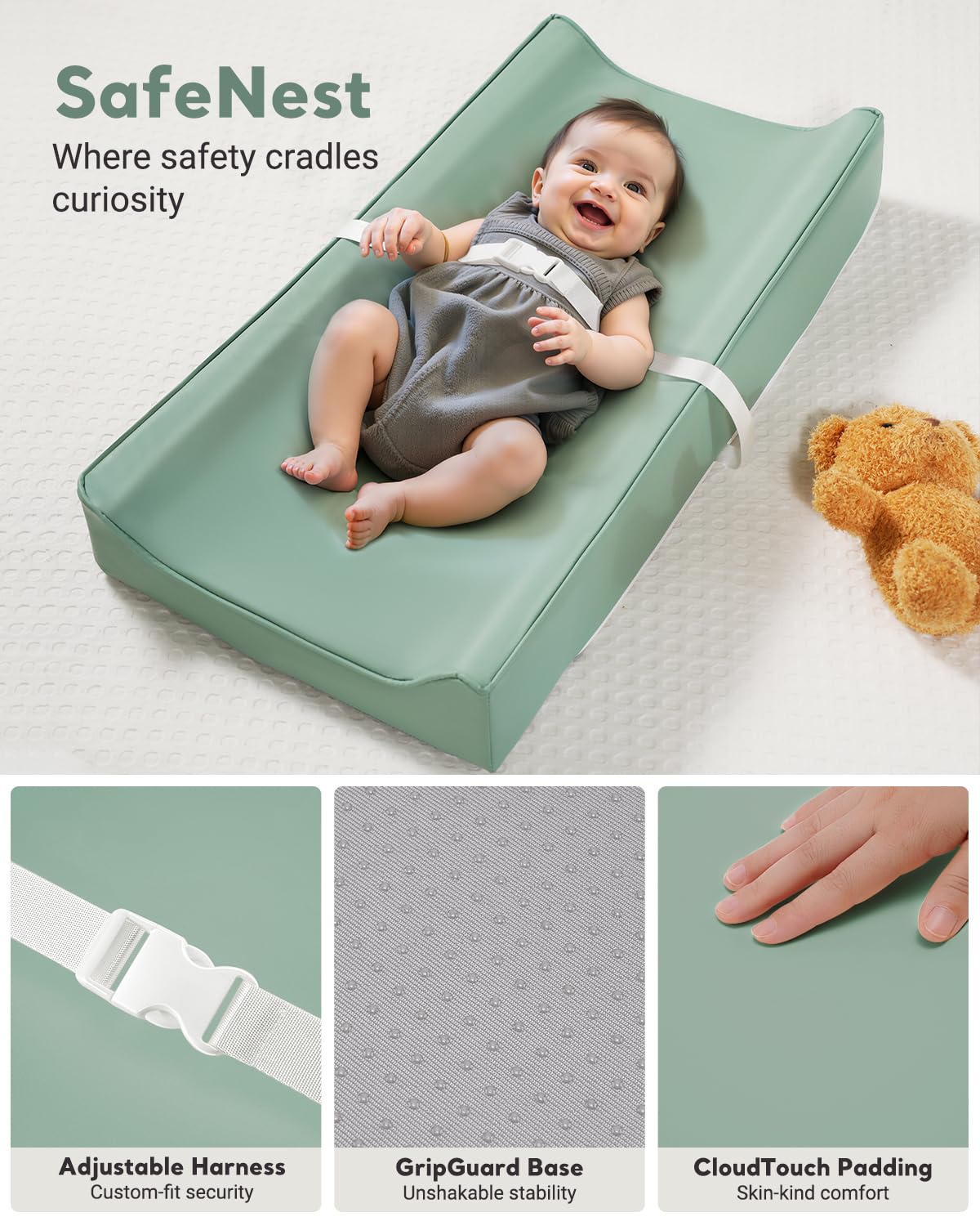 Navari changing pad with non-slip back securing to a surface.