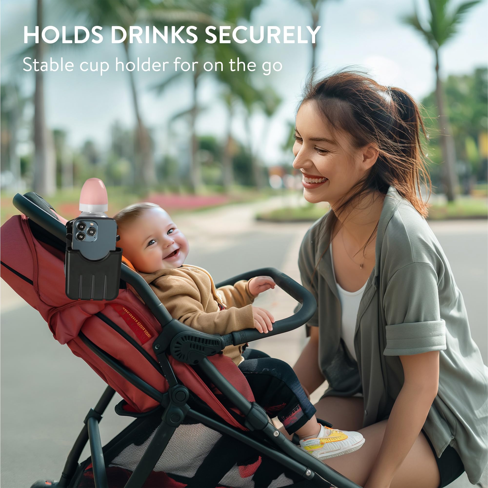 Navaris universal-fit pram holder supports various cup sizes.
