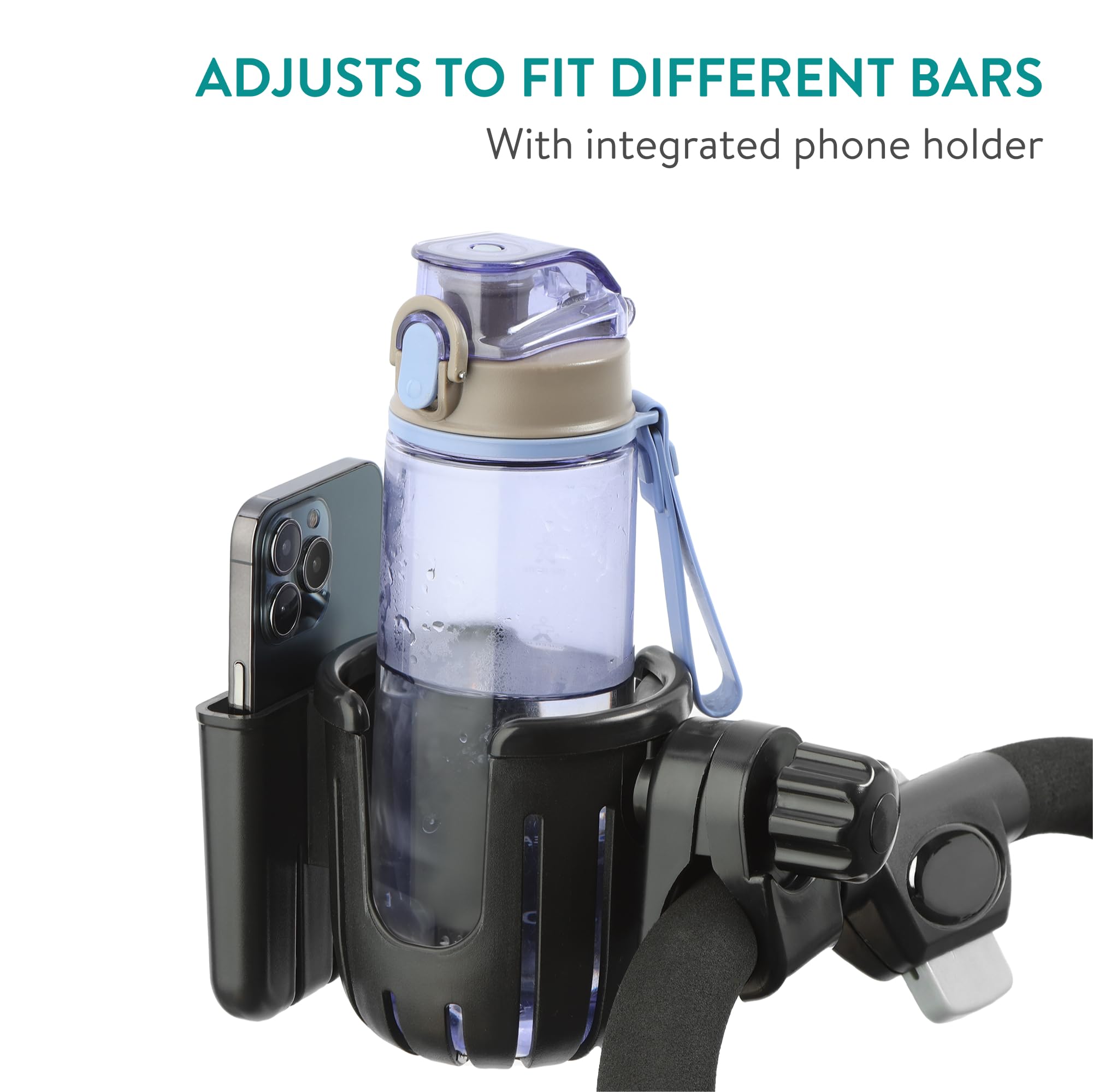 Navaris pram holder with non-slip pads stabilizes drinks on uneven terrain.