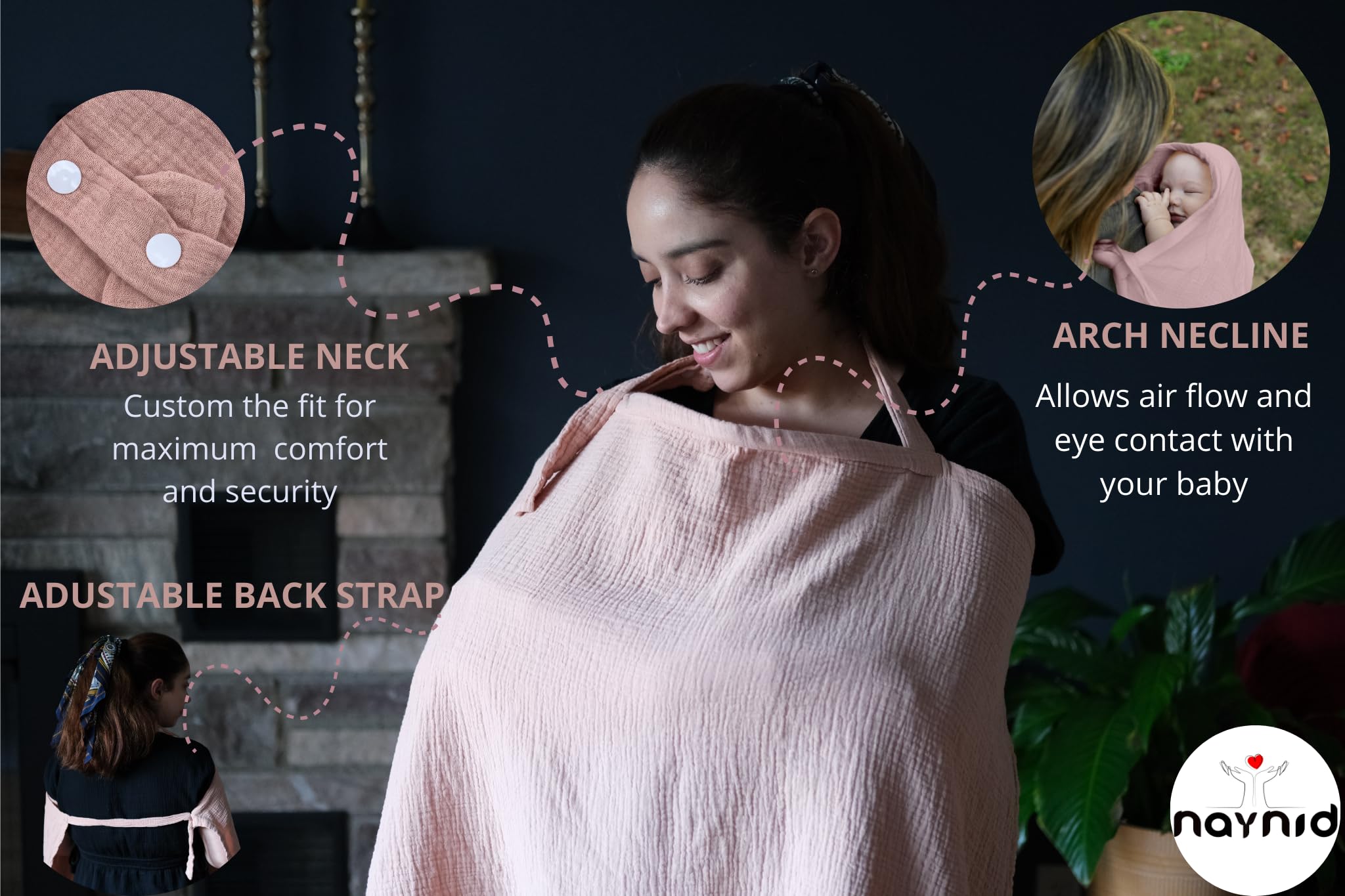 Naynid nursing cover with structured neckline for eye contact.