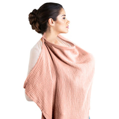 Naynid nursing cover view in pastel apricot for discreet nursing.