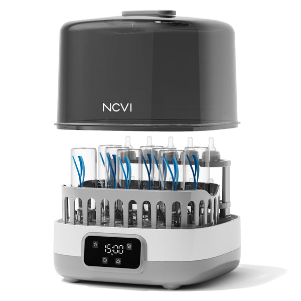 NCVI 20-minute bottle steamer front view showcases compact design for small kitchens and easy access.