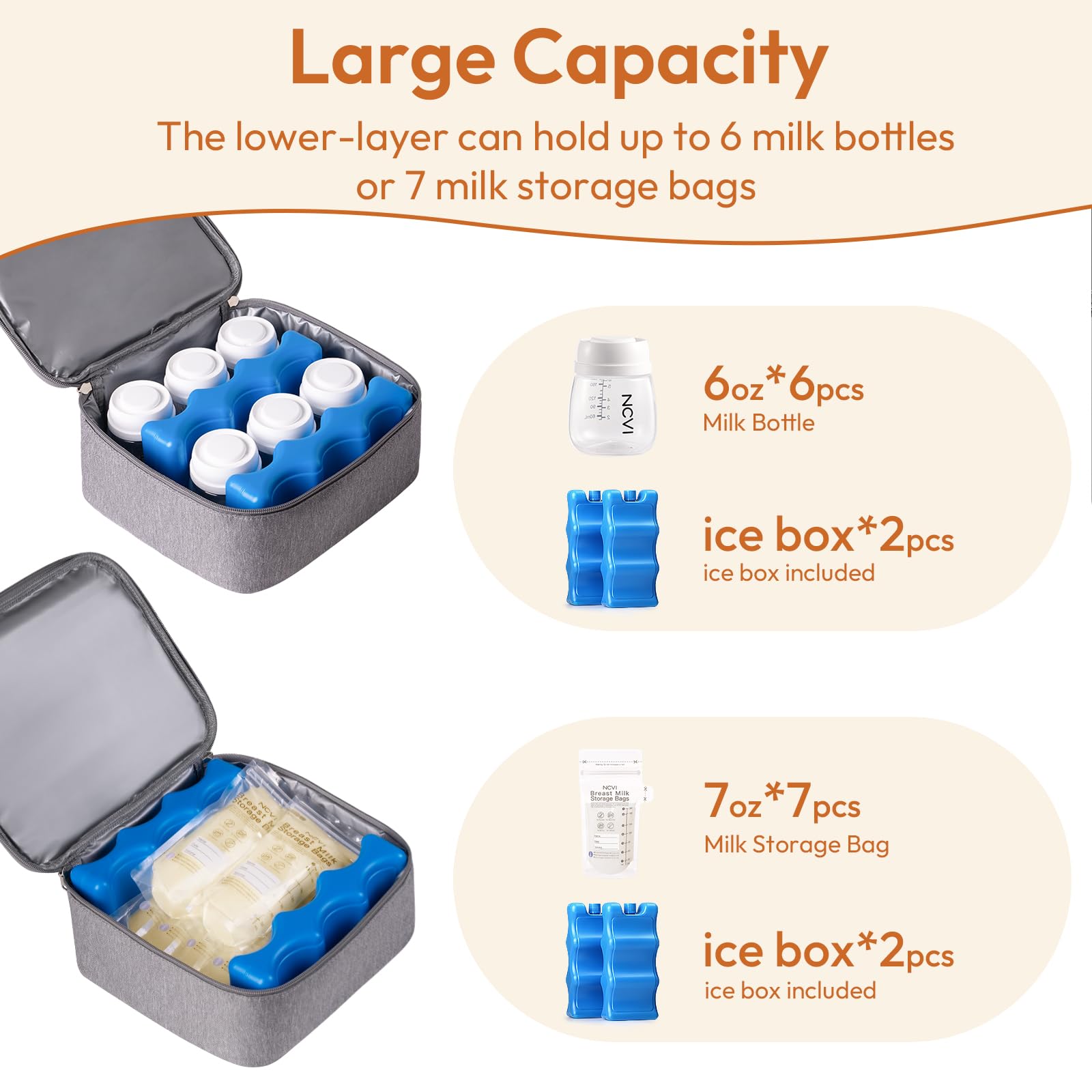 NCVI breast pump bag bottom layer stores milk and snacks separately.