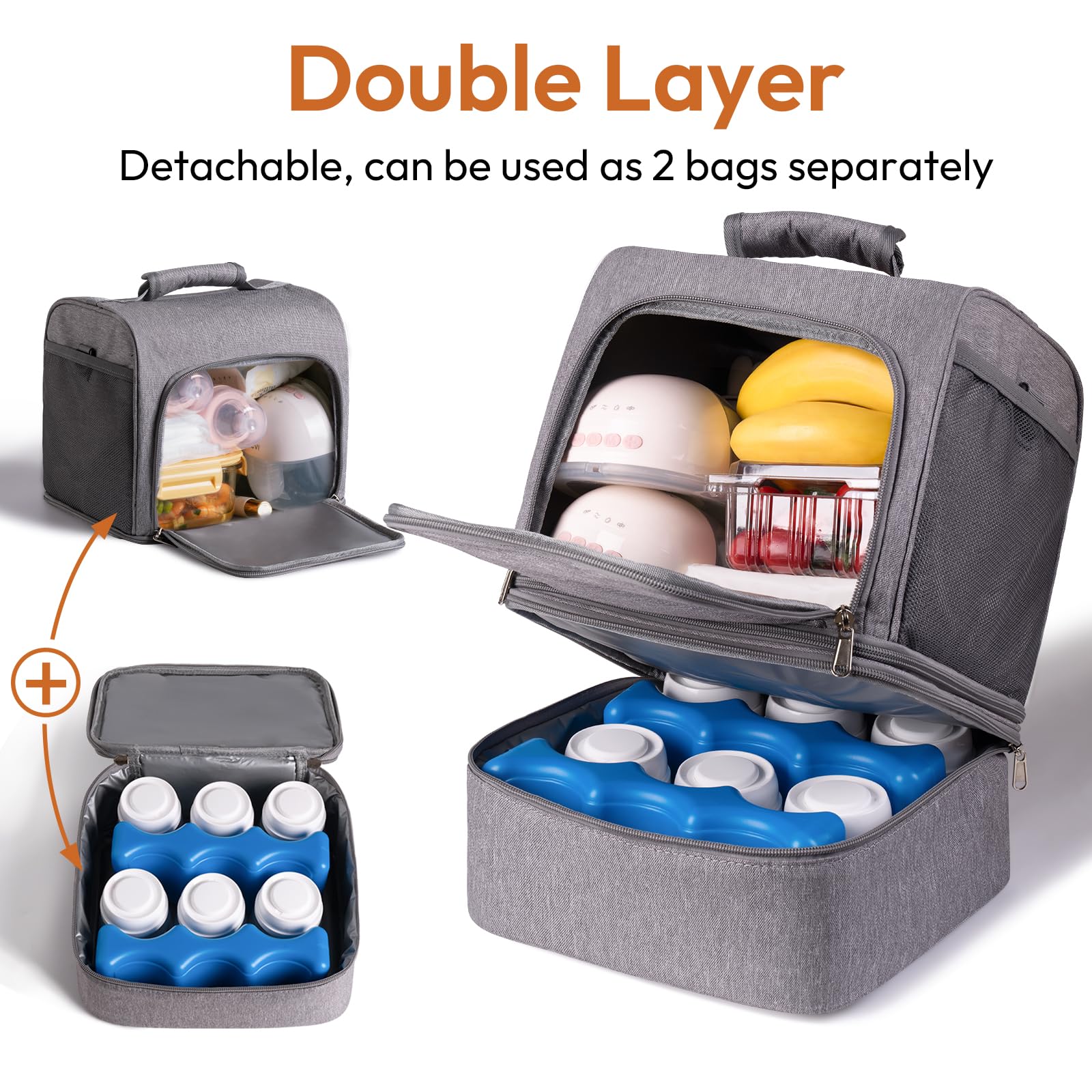 NCVI breast pump bag top layer secures pump and accessories during transport.