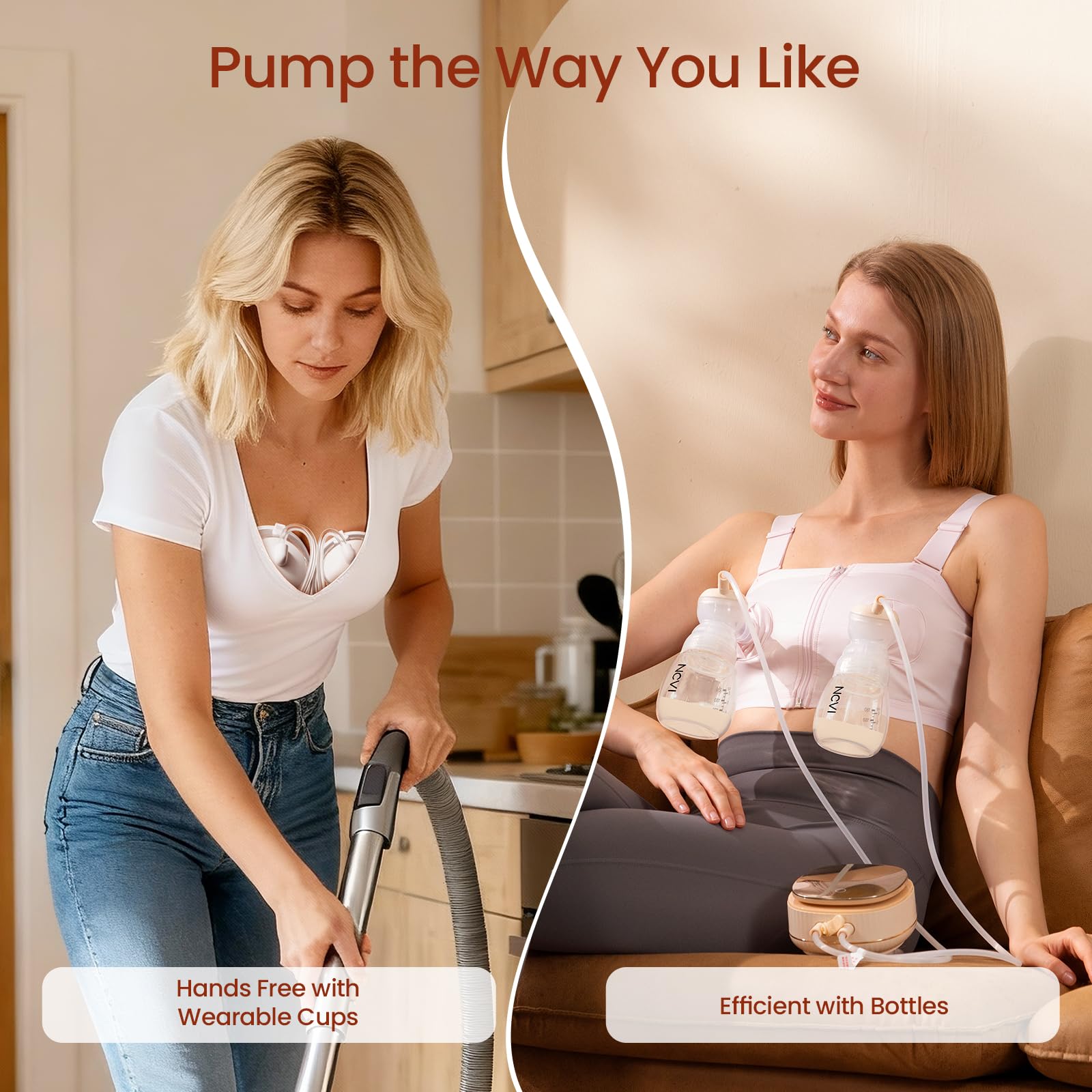 NCVI wearable cups in use offering hands-free pumping during work or multitasking.