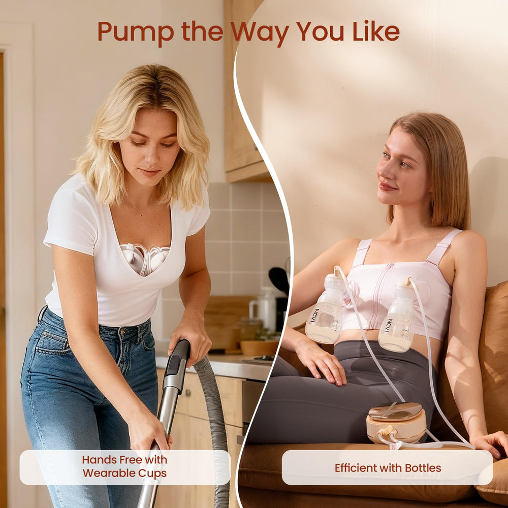 NCVI wearable cups in use offering hands-free pumping during work or multitasking.