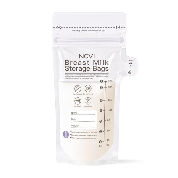 NCVI breastmilk bags with temperature sensor and 7oz mark for safe labeling.