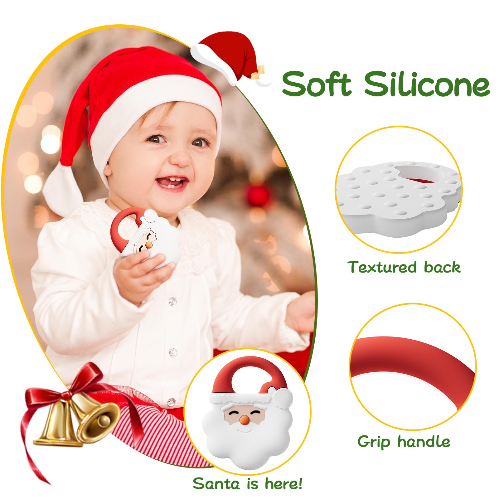 NCVI Christmas teether baby smiles during teething exploration.
