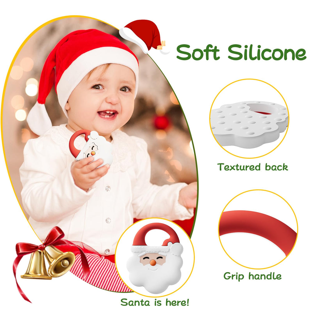 NCVI Christmas teether baby smiles during teething exploration.