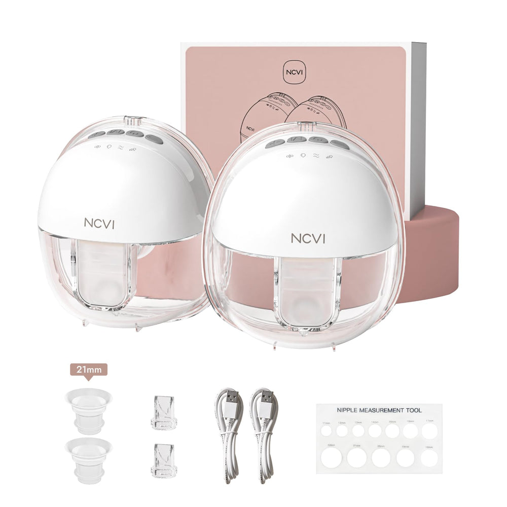 NCVI wearable hands-free pump on person for convenient on-the-go pumping.