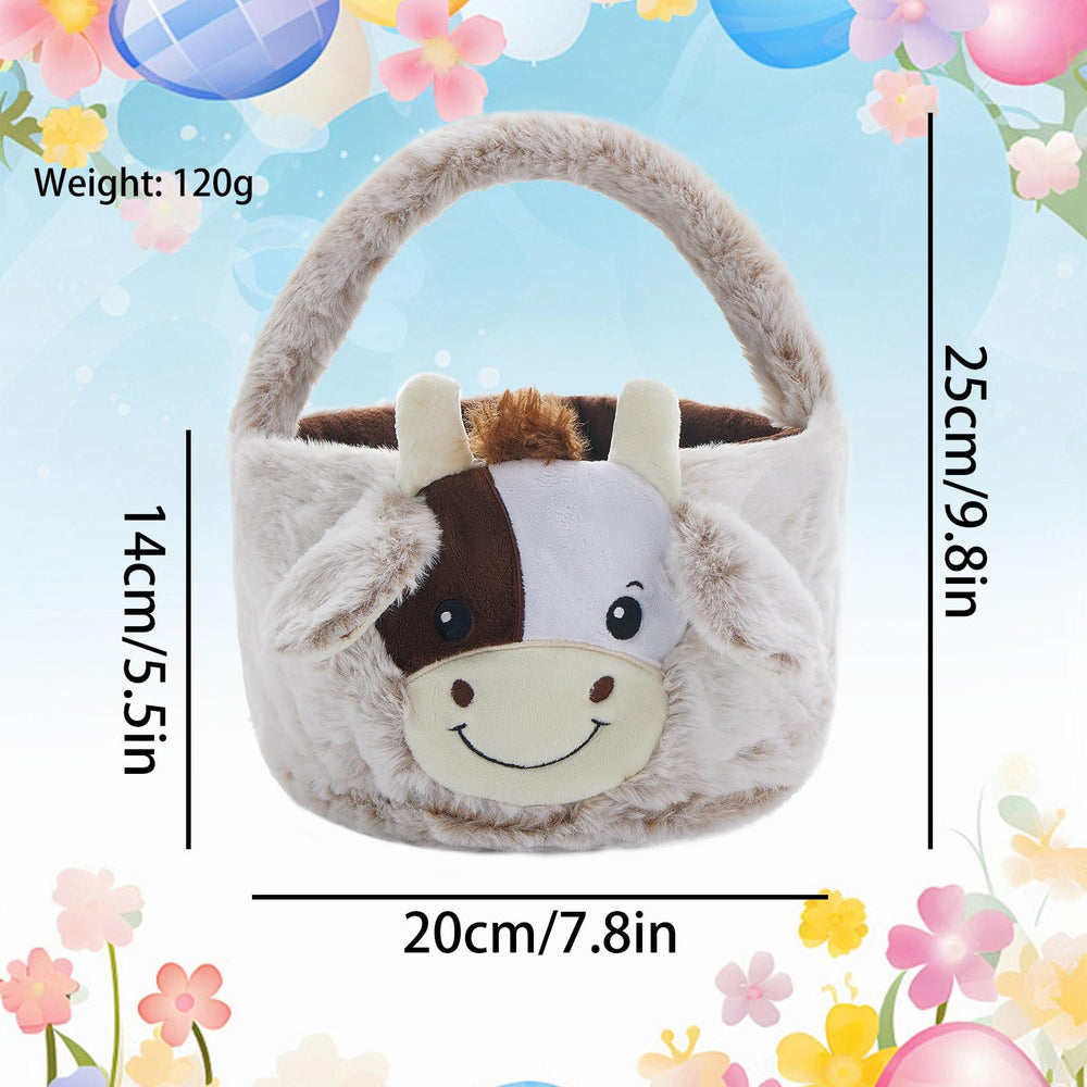 Neaonau plush Highland cow basket with furry handle for easy carrying